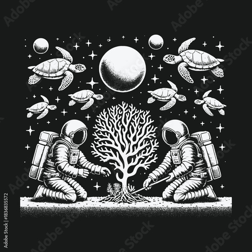 Astronauts Planting a Tree of Life on the Moon with Cosmic Sea Turtles.