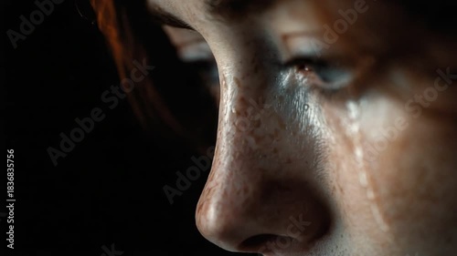 A close-up image capturing the intense emotion of a person in deep reflection, with tears highlighting feelings of sadness and vulnerability against a dark background.