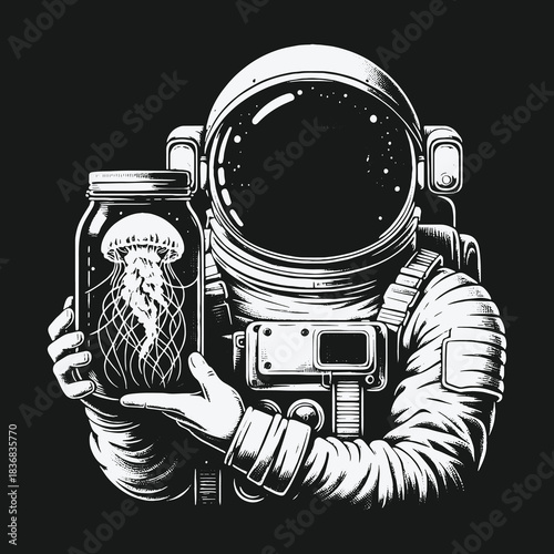 Astronaut in deep space holding a jar with a jellyfish.