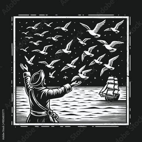 Mystical mariner guiding a flock of seagulls at night.