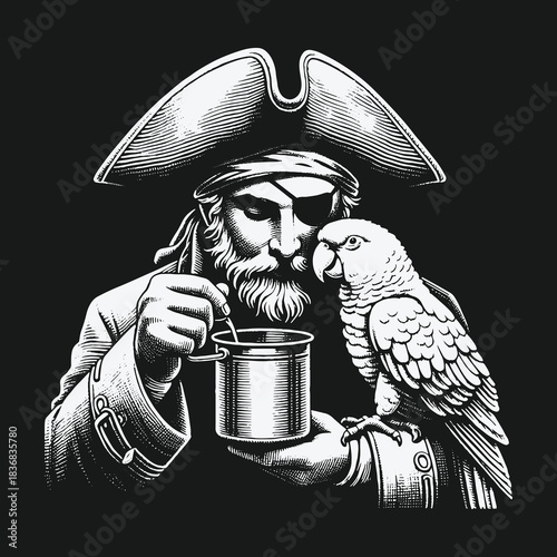 Vintage black and white illustration of a pirate with a parrot.