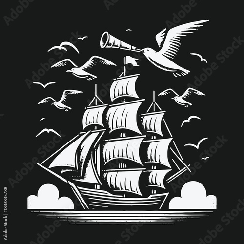 Seagull with spyglass flies over a vintage sailing ship illustration.