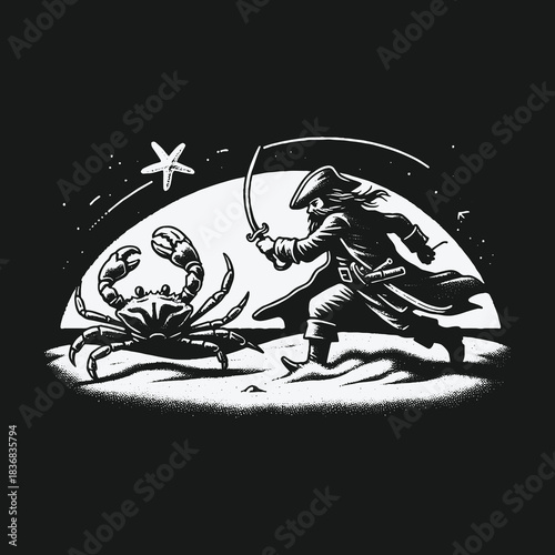 A pirate with a sword in an epic battle against a giant crab.