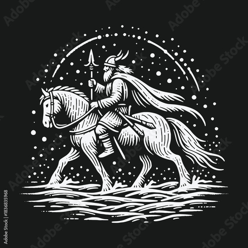 Norse God Odin Riding His Steed Sleipnir Through Water.