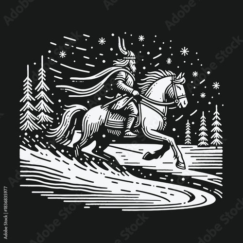 Viking warrior riding a horse through a snowy winter forest.