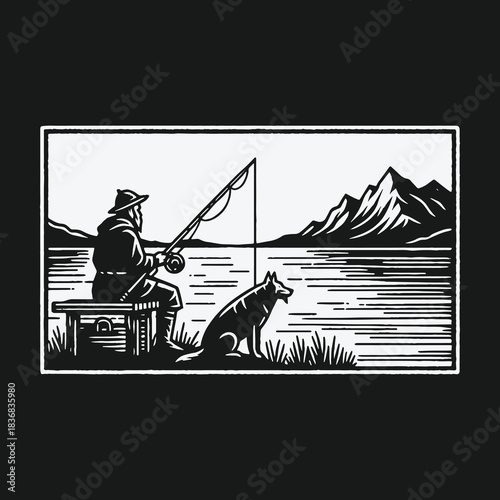 Vintage illustration of a man and his dog fishing by a mountain lake.