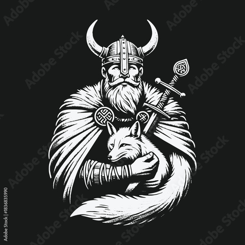 Bearded Viking warrior with horned helmet holding a fox and sword.
