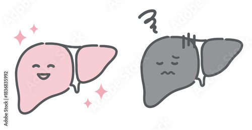 健康な肝臓と不調な肝臓の比較イラスト（キャラクター・肝炎・脂肪肝）