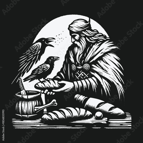 Ancient Norse god Odin shares bread with his two ravens.