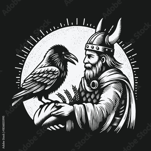 Mythical Norse god Odin holding a sacred raven illustration.
