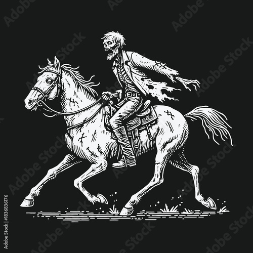 Gothic horror illustration of an undead zombie riding a horse.