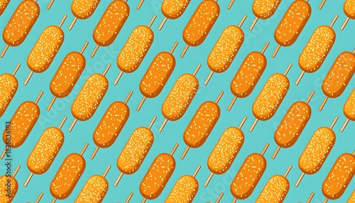Repeated pattern of golden, sesame-seeded food items on wooden sticks against a light blue backdrop
