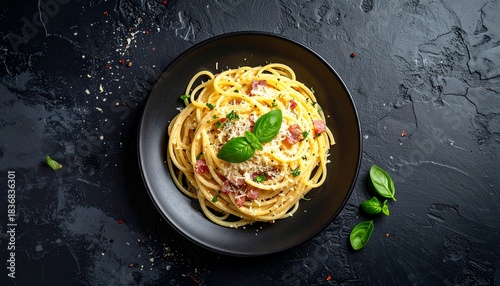 Delicious Spaghetti Carbonara Dish on a Black Plate