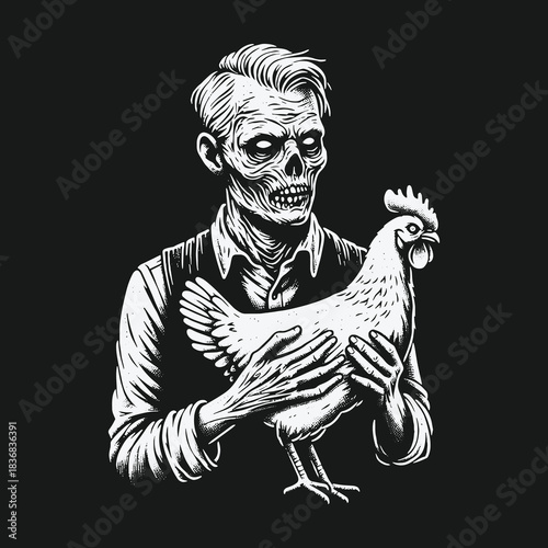 A spooky black and white illustration of a zombie man holding a chicken.