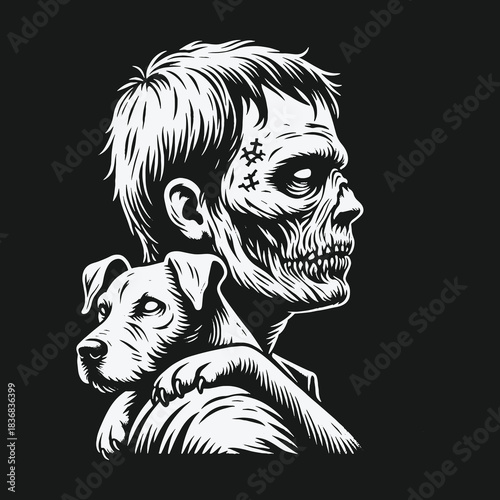 A zombie boy and his loyal dog in a stark monochrome illustration.