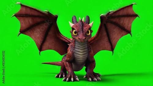 Frontal view of a red dragon with wings spread against a bright green background studio shot dragon green screen video