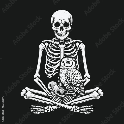 Mystical Skeleton Meditating with a Nocturnal Owl Bird.