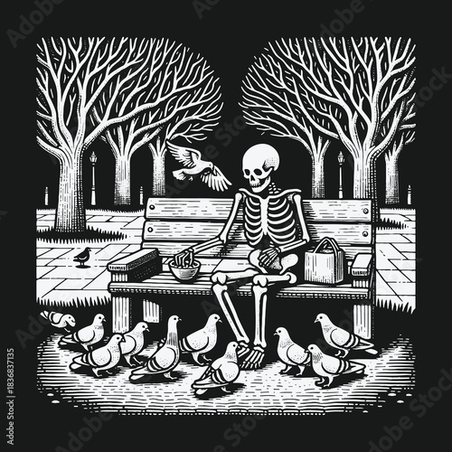 A lonely skeleton finds companionship feeding pigeons in a city park.