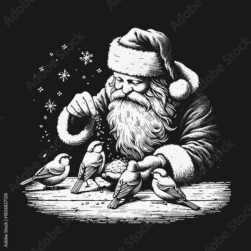 Vintage woodcut style Santa Claus feeding small birds on a snowy winter night.