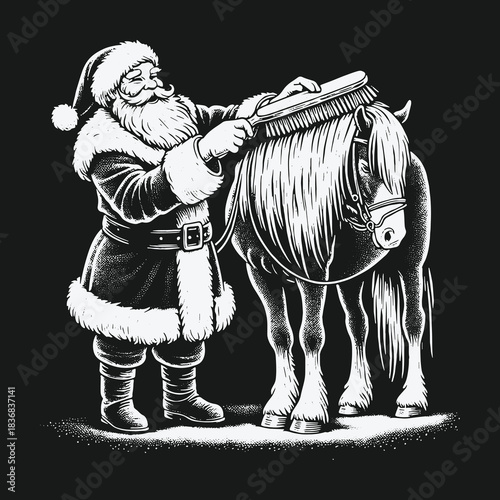 Black and white illustration of Santa Claus grooming a small pony.