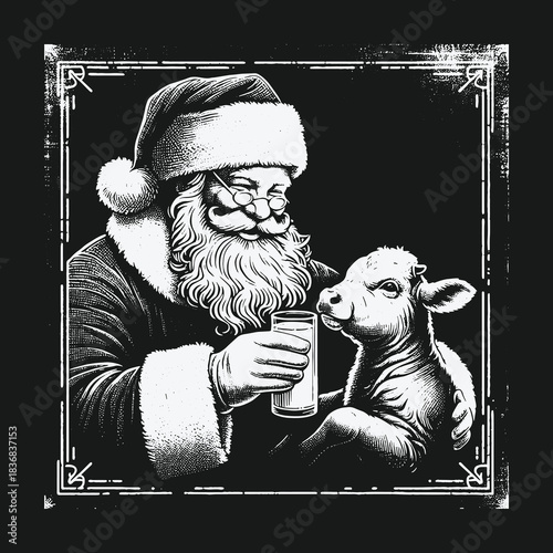 Vintage Black and White Illustration of Santa Claus Feeding a Calf Milk.