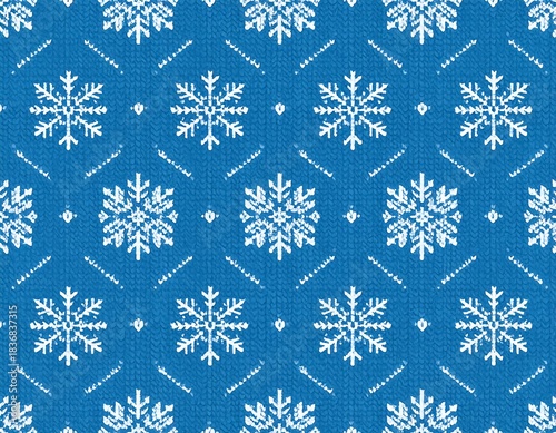 Repeated pattern of stylized white snowflakes on a textured, bright blue background