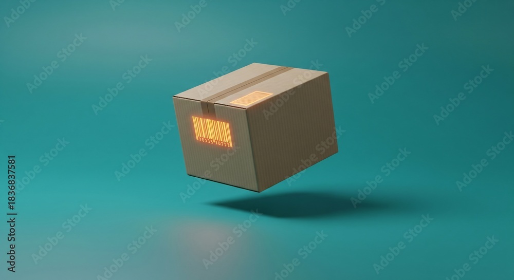 Fototapeta premium Cardboard shipping box with glowing orange barcode, floating in studio