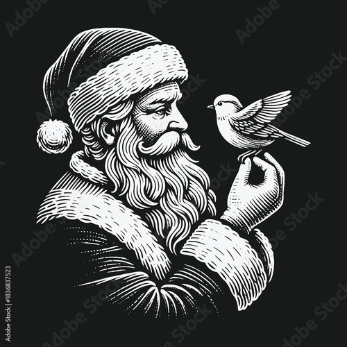 Monochrome woodcut style Santa Claus with a bird on his hand.