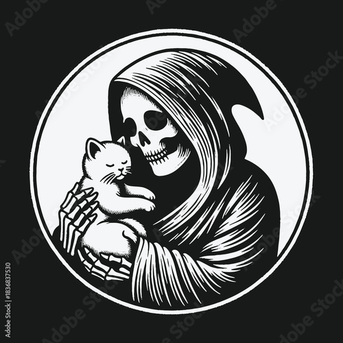 Skeletal Grim Reaper figure tenderly holding a small kitten.