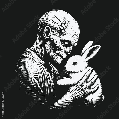 Black and white illustration of a grotesque zombie gently holding a rabbit.