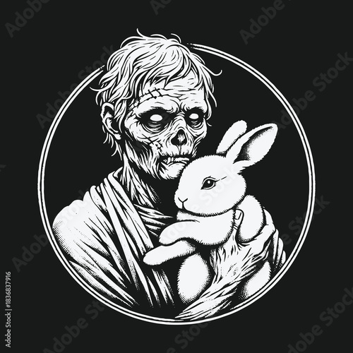 Eerie black and white illustration of a zombie holding a cute bunny.