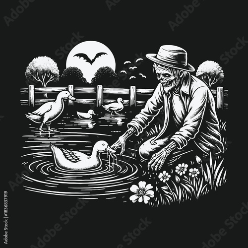 Spooky Zombie Farmer Feeding Ducks by a Pond at Night.
