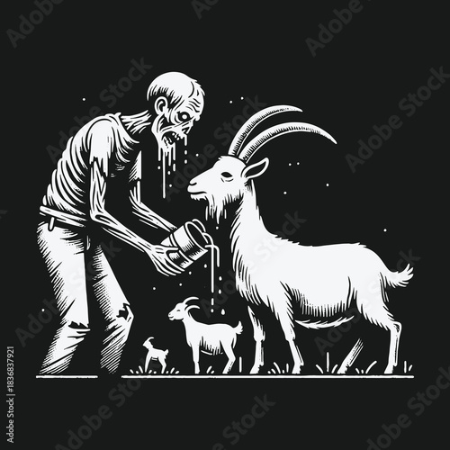 Surreal black and white art of a zombie feeding goats.