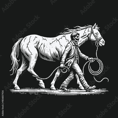Vintage woodcut illustration of a skeleton walking with a horse.