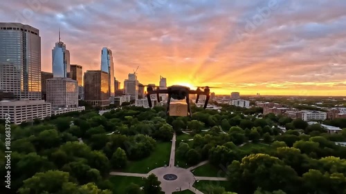 A drone flying over a lush green park with a city skyline in the background, illuminated by a vibrant sunset.