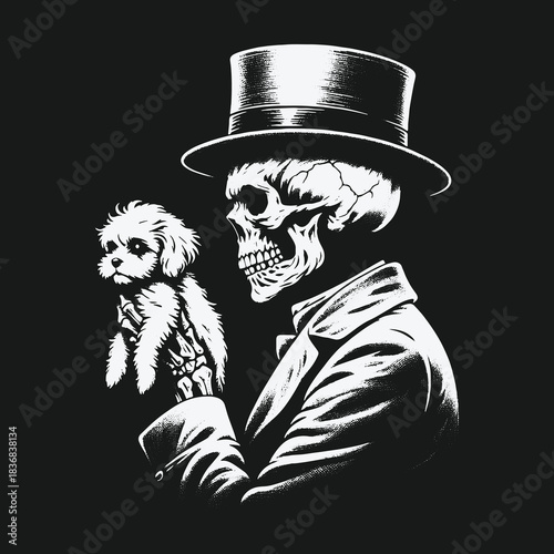 A dapper skeleton in a top hat holding a fluffy puppy.