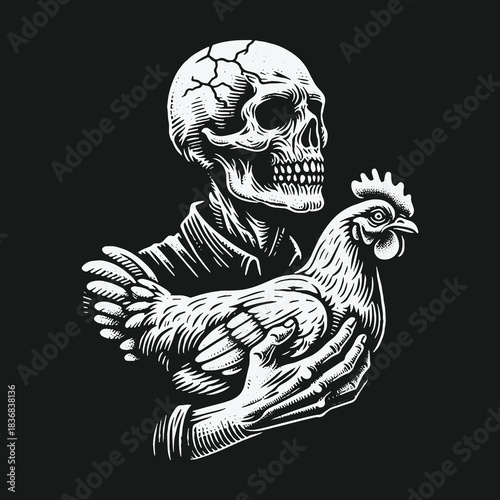 Eerie black and white illustration of a skeleton holding a chicken.