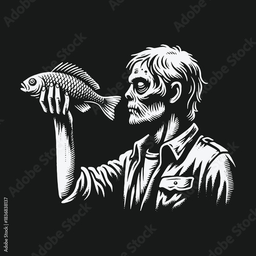 Black and white graphic illustration of a zombie holding a fish.