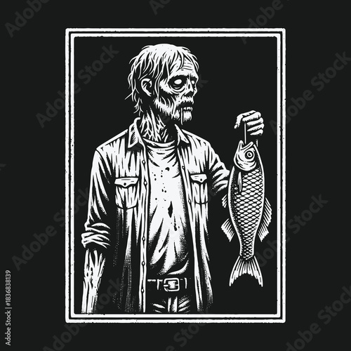Black and white woodcut style illustration of a zombie holding a fish.