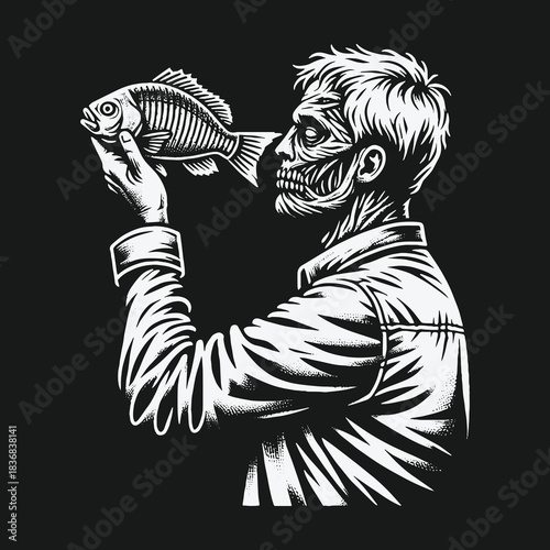 Monochrome illustration of a zombie man holding a fish skeleton.