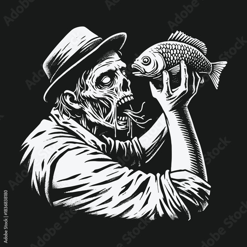 Monochrome illustration of a creepy zombie in a fedora hat holding a fish.