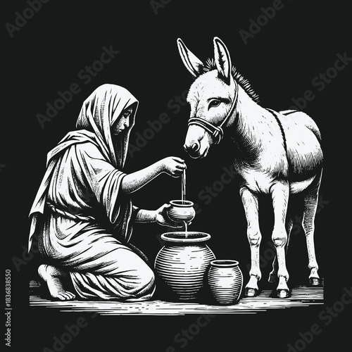 A robed figure kneels beside a donkey pouring liquid from a clay pot.