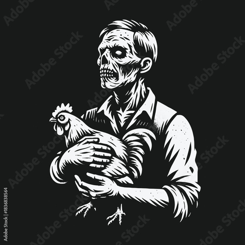 Monochrome illustration of a creepy zombie man holding a chicken.
