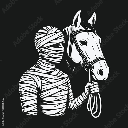 Monochrome graphic illustration of a mummy holding a horse by the reins.