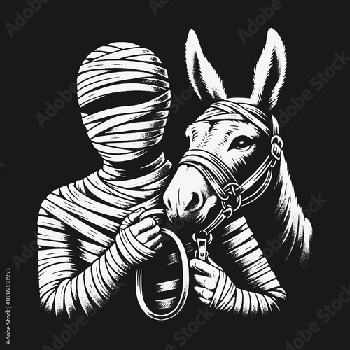 A mysterious bandaged mummy figure holding a donkey by the bridle.