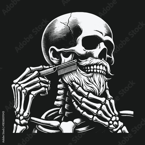 Monochrome vintage illustration of a skeleton combing his beard.