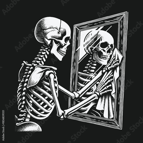 Monochrome illustration of a skeleton looking at its reflection.
