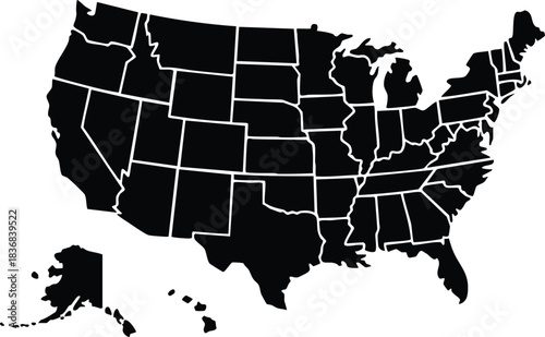 Wallpaper Mural United States of America Map Silhouette, Black and White Map of the US States, Vector Outline Map of the Contiguous United States, USA Map with State Borders, United States of America Silhouette. Torontodigital.ca