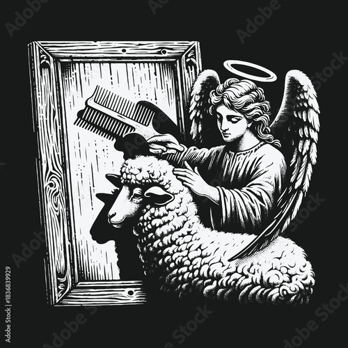 Angelic guardian gently combing a sheeps wool in a surreal woodcut illustration.