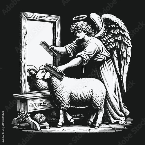 Angelic figure with wings grooming a gentle sheep in a vintage illustration.